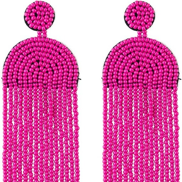 Long 4.5" Hot Pink Modern Art Deco Oversized Bohemian Earrings New Tassel Fringe - Picture 3 of 6